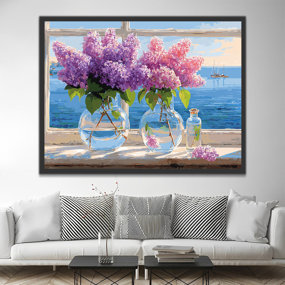 Pink and Purple Lilac Flowers on the Windowsill Paint by Numbers
