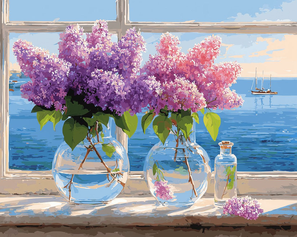 Pink and Purple Lilac Flowers on the Windowsill Paint by Numbers