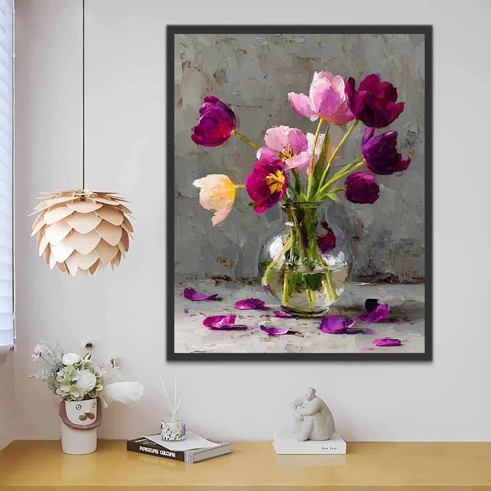 Pink and Purple Tulips in the Transparent Glass Vase Paint by Numbers
