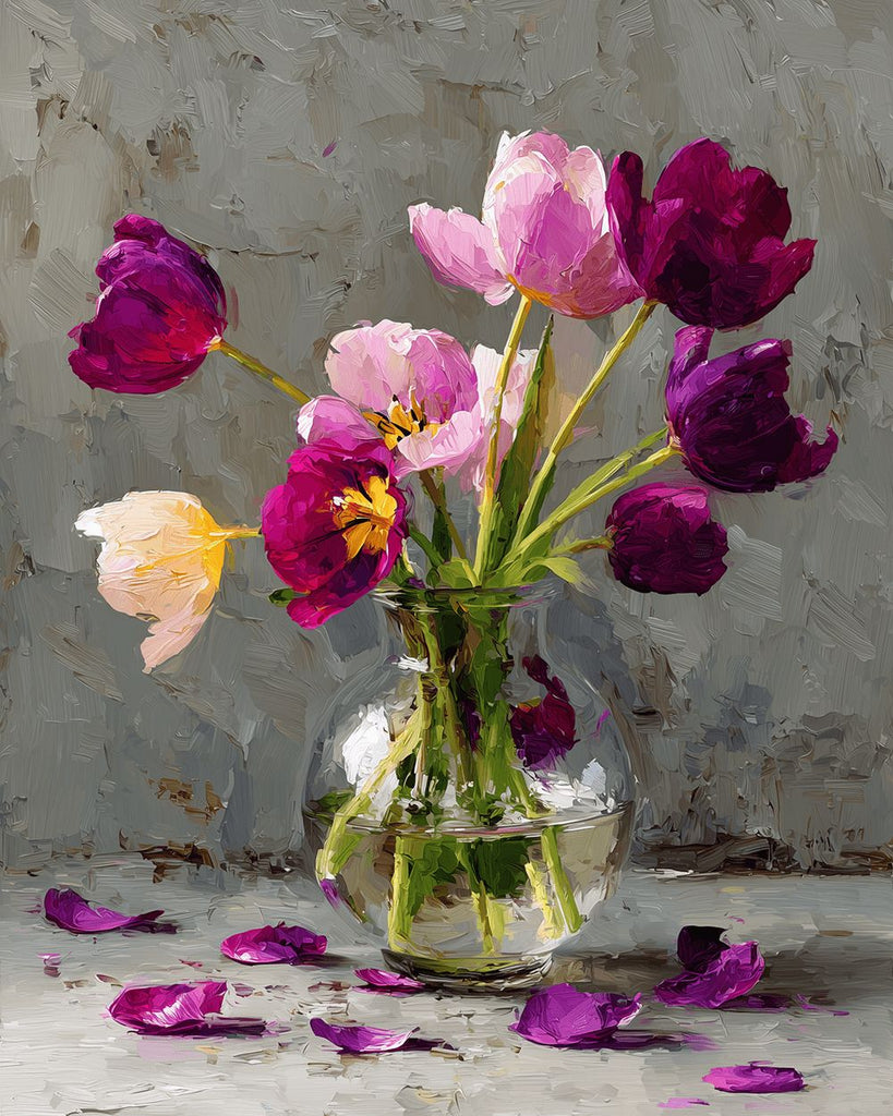 Pink and Purple Tulips in the Transparent Glass Vase Paint by Numbers