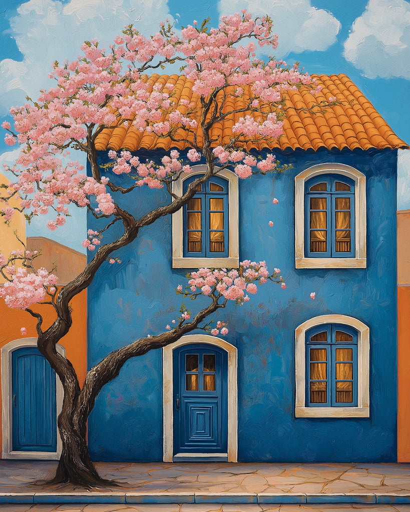 Pink Flower Tree in front of Blue House Paint by Numbers