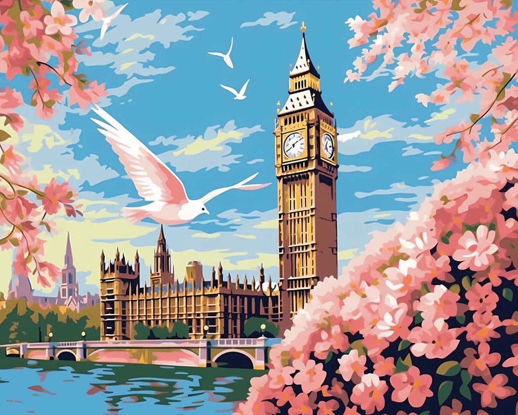 Pink Flowers and Big Ben Paint by Numbers