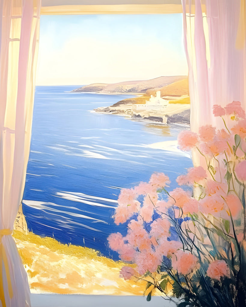 Pink Flowers and the Sea Outside the Window Paint by Numbers