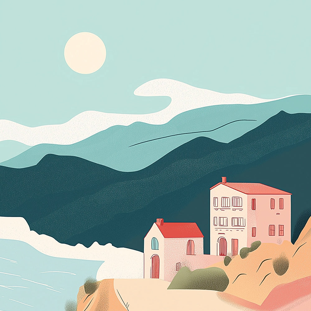 Pink House by the Sea in the Mountains Mini Paint by Numbers