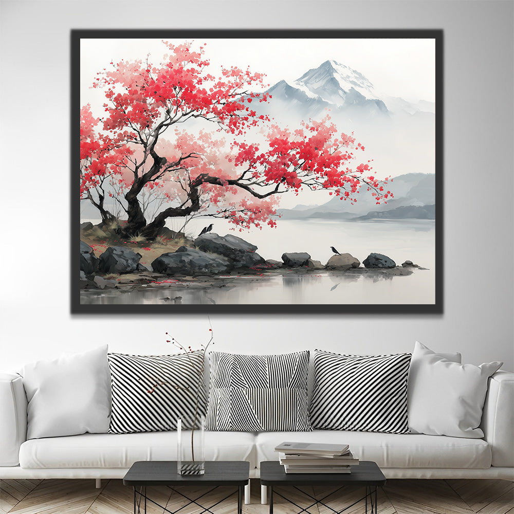 Pink Tree in Ink Landscape Painting Paint by Numbers