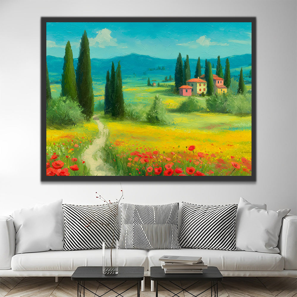 Poppies, Pine Trees and White House on the Meadow Paint by Numbers