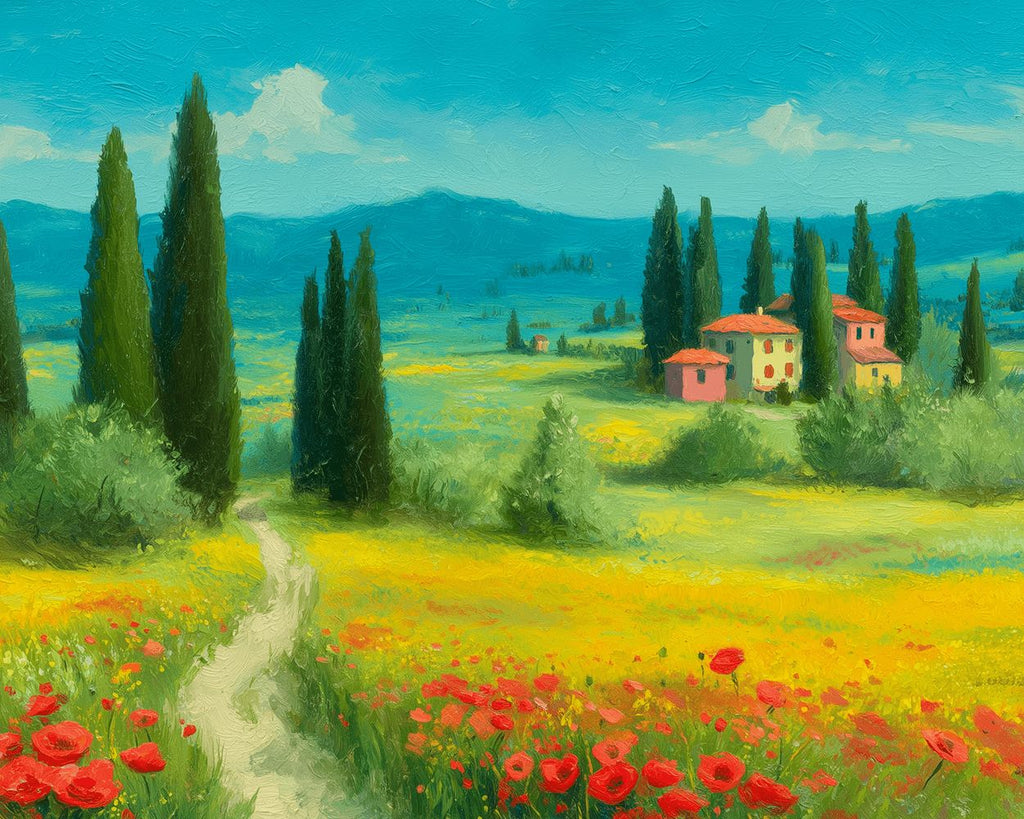 Poppies, Pine Trees and White House on the Meadow Paint by Numbers