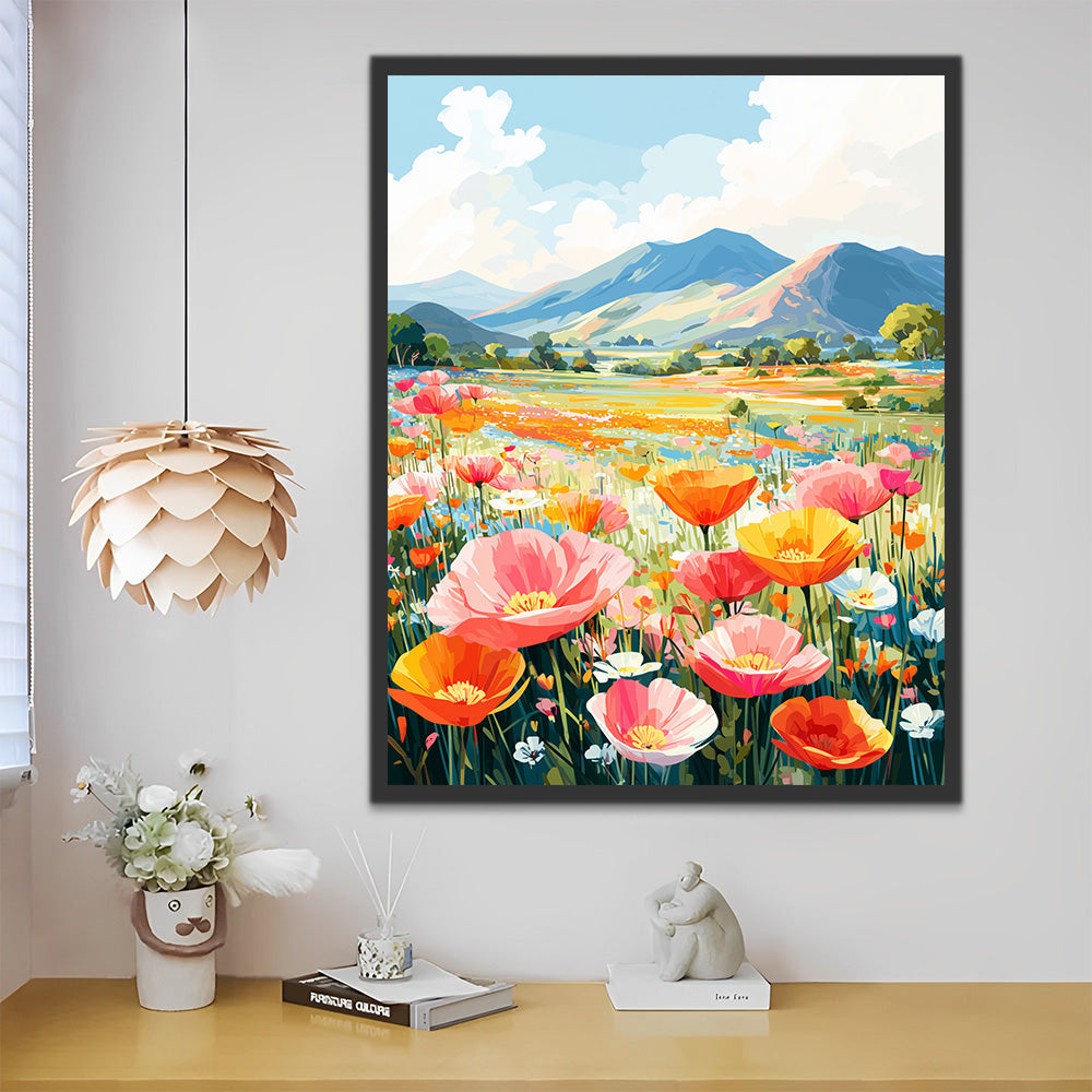 Poppy Fields at the foot of the Mountain Paint by Numbers