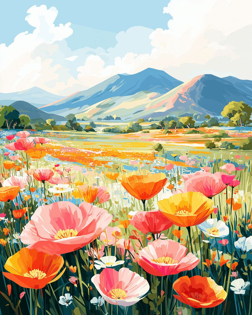 Poppy Fields at the foot of the Mountain Paint by Numbers