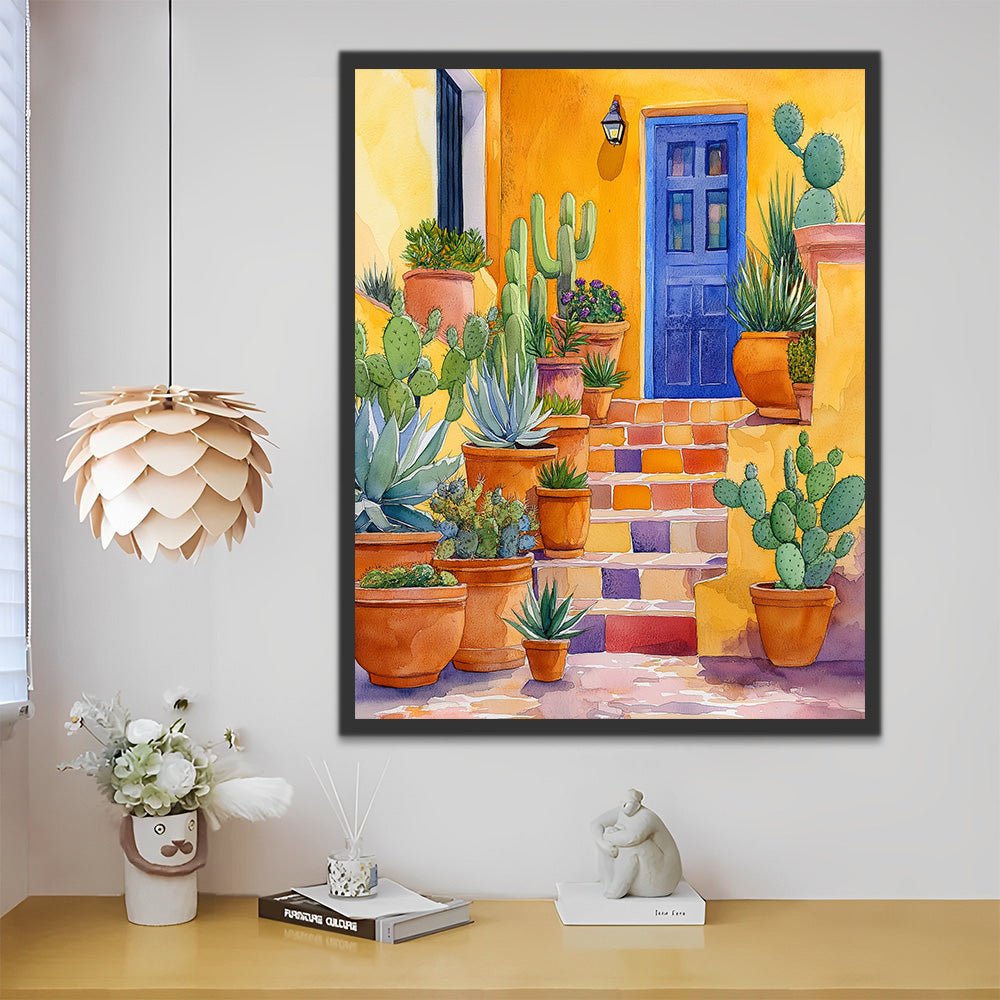 Potted Cactus on Door Steps Paint by Numbers