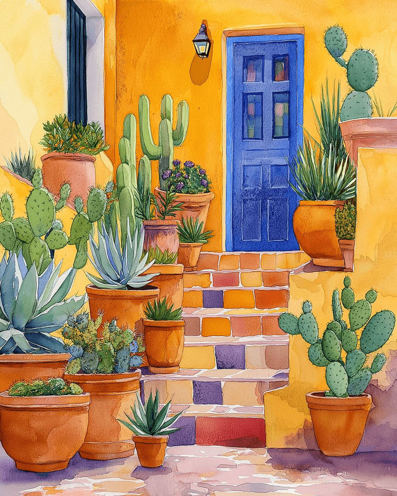 Potted Cactus on Door Steps Paint by Numbers