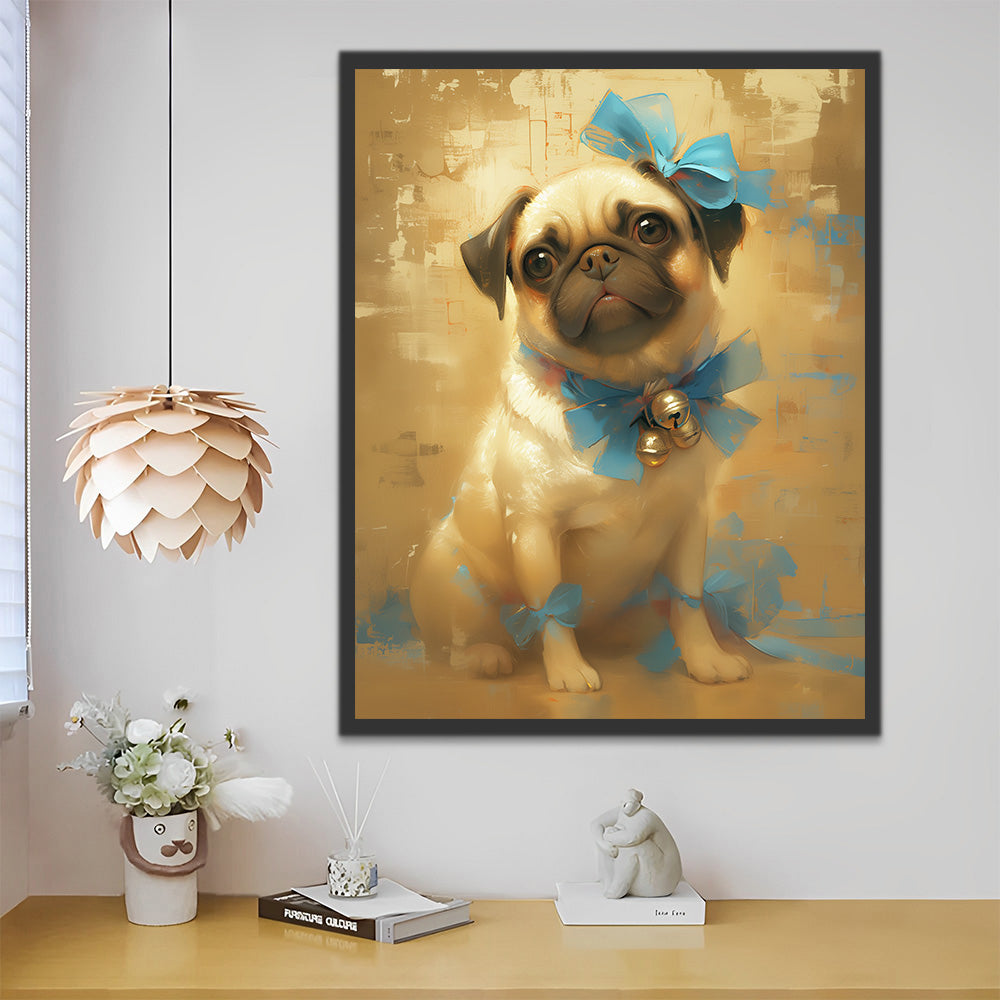 Pug Dog with Blue Bow Ribbon Paint by Numbers