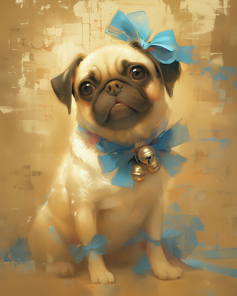 Pug Dog with Blue Bow Ribbon Paint by Numbers