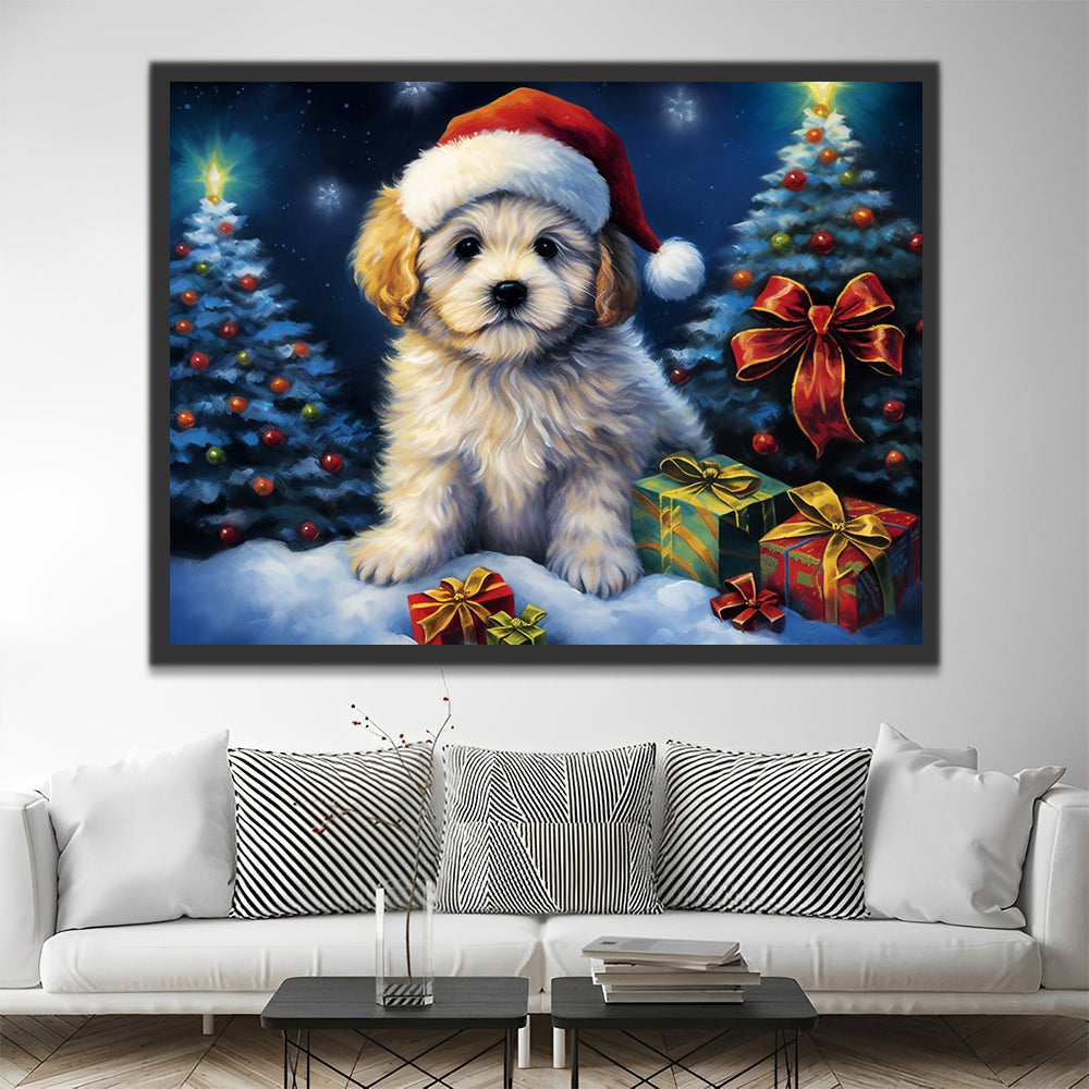 Puppy in Hat and Christmas Presents Paint by Numbers