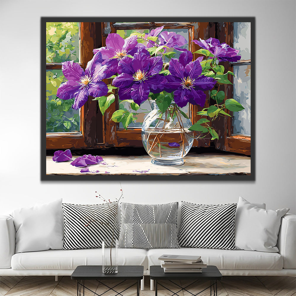 Purple Clematis on the Windowsill Paint by Numbers