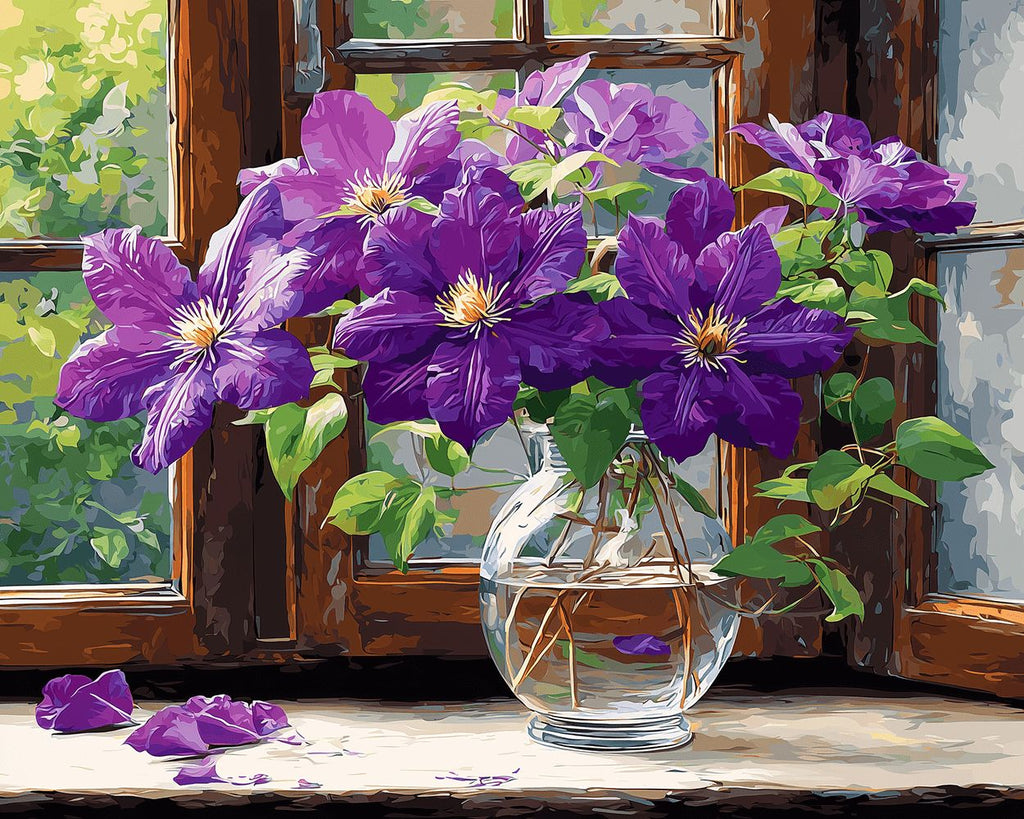 Purple Clematis on the Windowsill Paint by Numbers