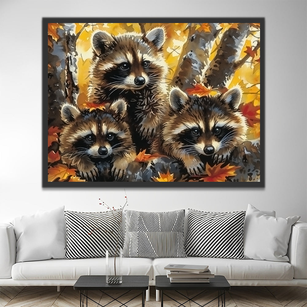 Raccoons and Maple Leaves Paint by Numbers