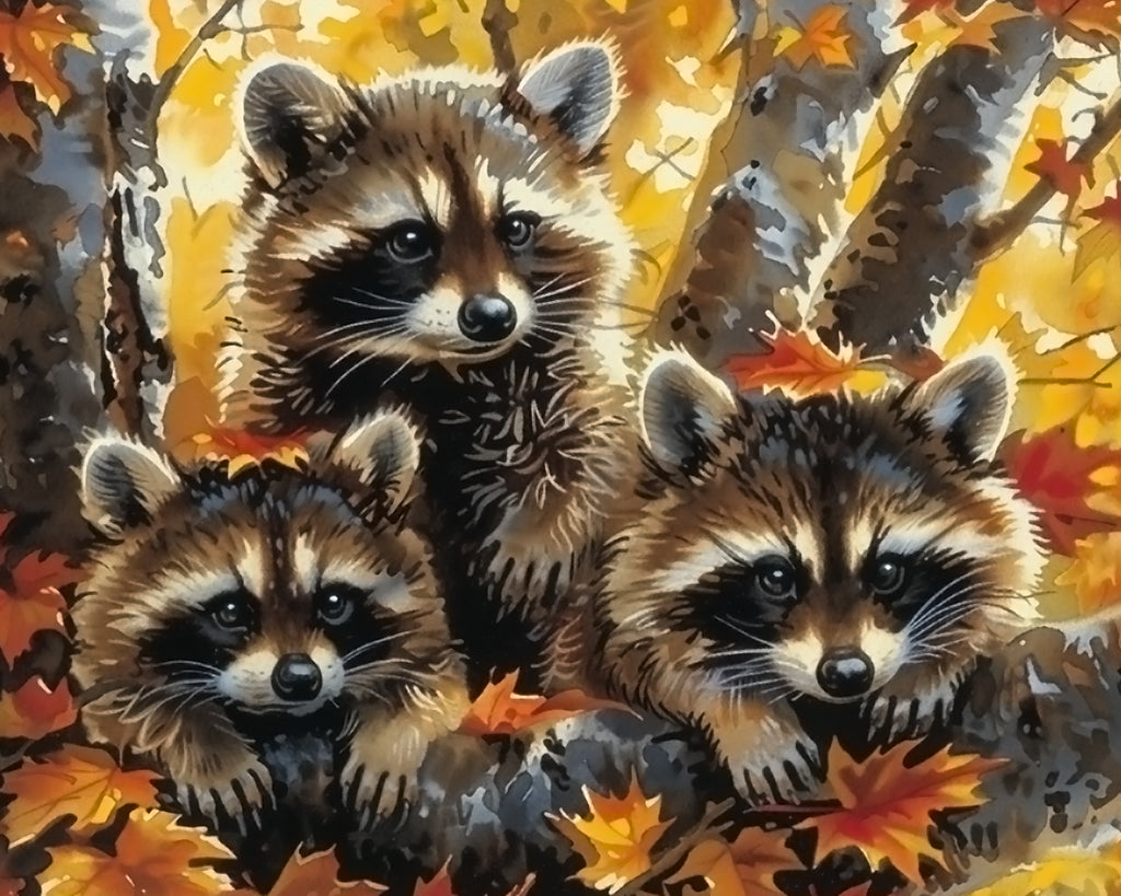 Raccoons and Maple Leaves Paint by Numbers