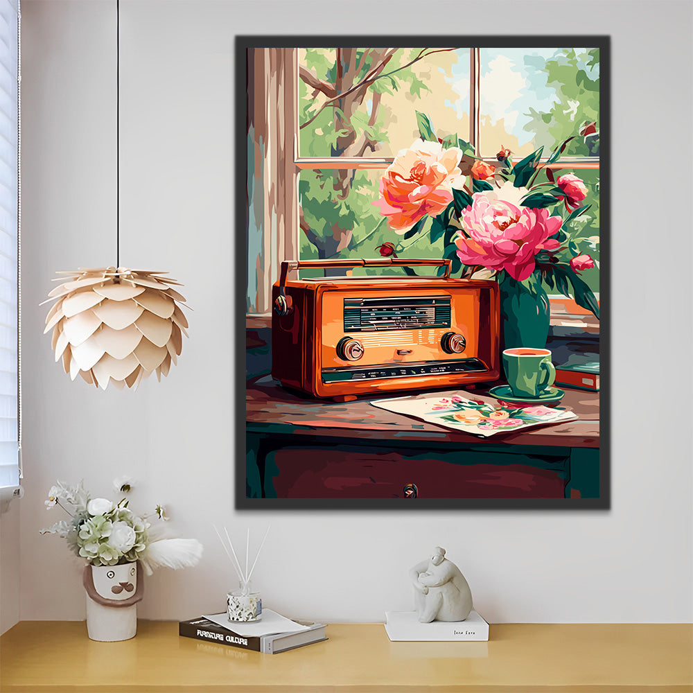 Radio and Peonies on the Windowsill Paint by Numbers