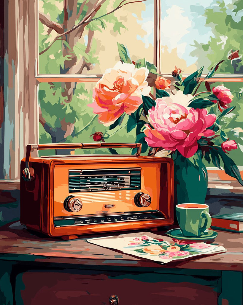 Radio and Peonies on the Windowsill Paint by Numbers