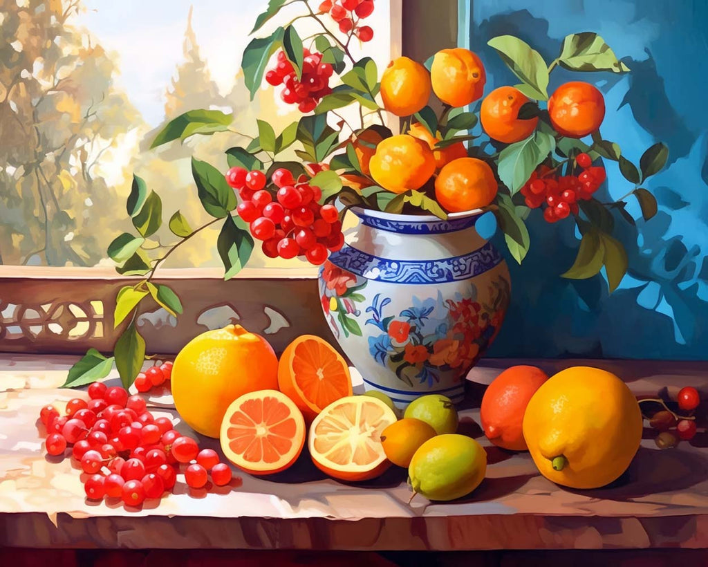 Raspberries and Oranges on the Windowsill Paint by Numbers