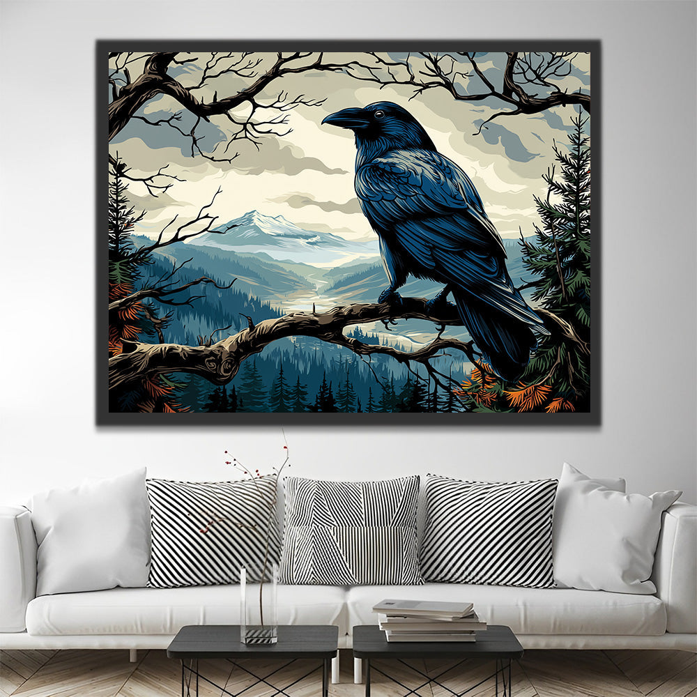 Raven on a Dead Tree beside Mountains Paint by Numbers