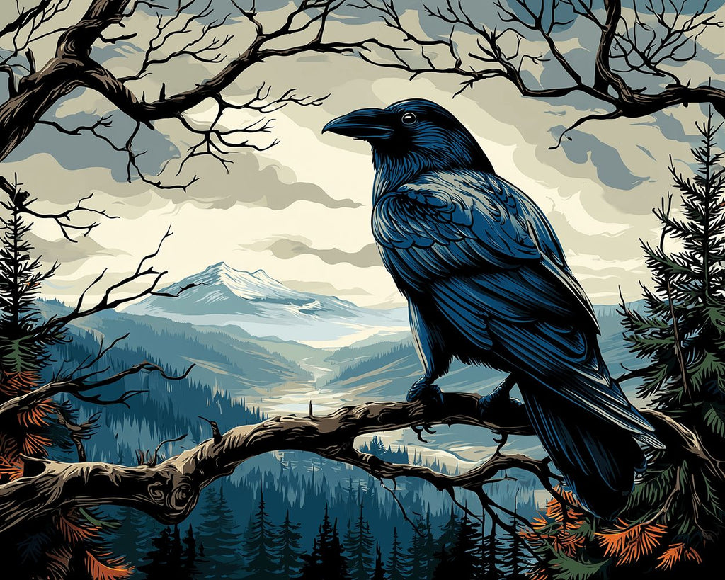 Raven on a Dead Tree beside Mountains Paint by Numbers