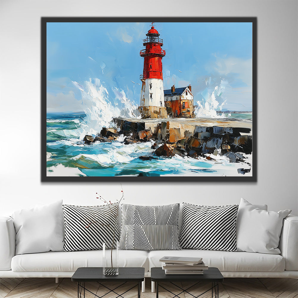 Red and White Lighthouse in the Sea Paint by Numbers
