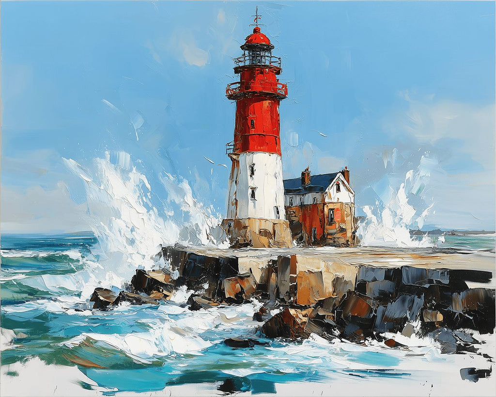 Red and White Lighthouse in the Sea Paint by Numbers
