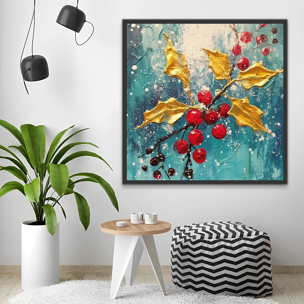 Red Cherries with Golden Leaves Paint by Numbers