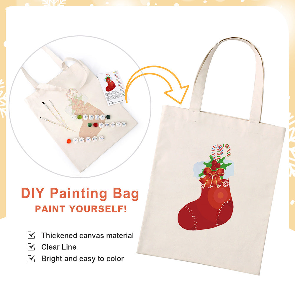 Red Christmas Stocking Canvas Tote Bag Paint by Numbers