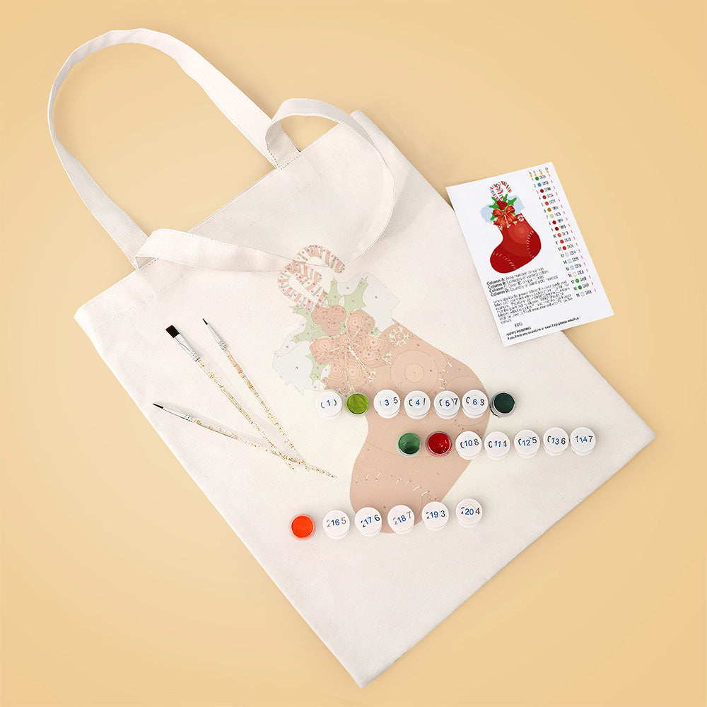 Red Christmas Stocking Canvas Tote Bag Paint by Numbers