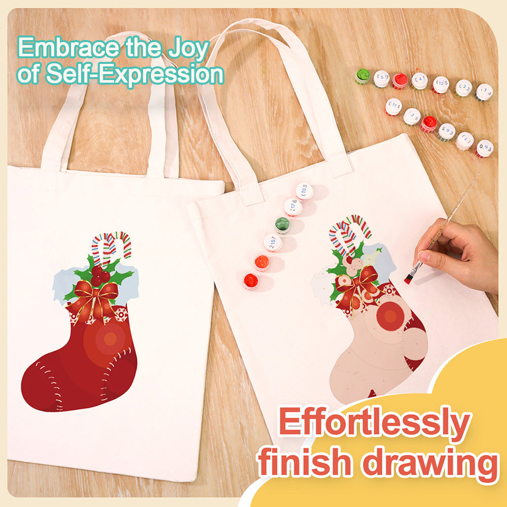 Red Christmas Stocking Canvas Tote Bag Paint by Numbers