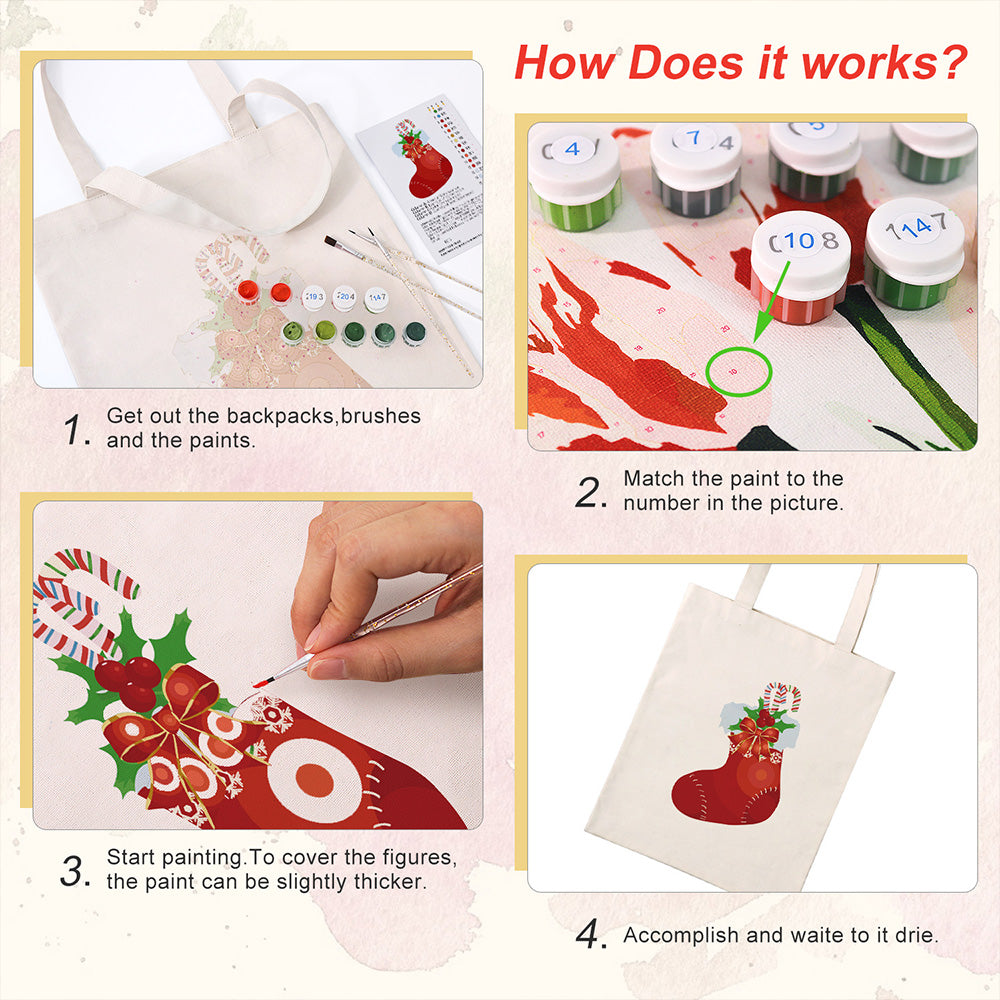 Red Christmas Stocking Canvas Tote Bag Paint by Numbers