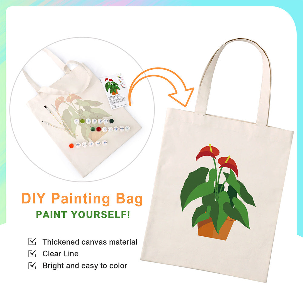 Red Flower and Green Leaf Potted Plants Canvas Tote Bag Paint by Numbers