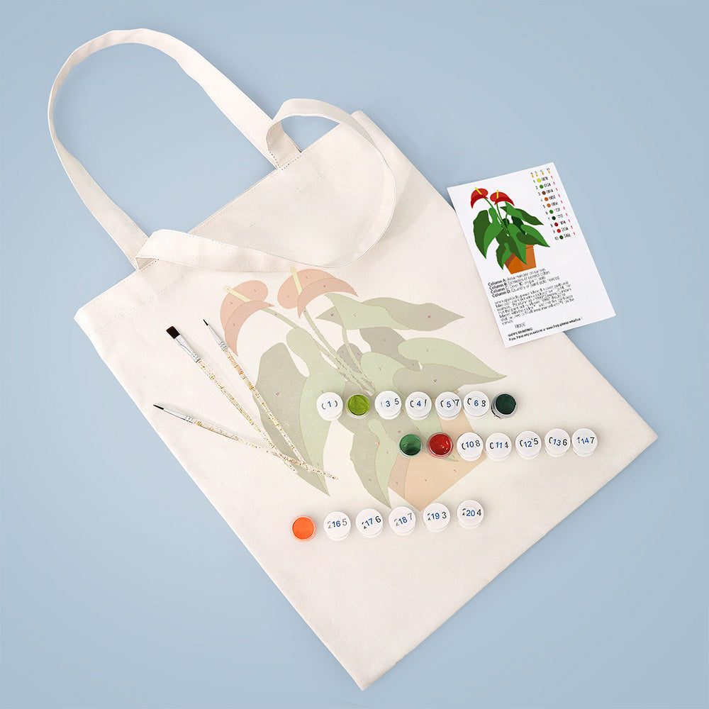 Red Flower and Green Leaf Potted Plants Canvas Tote Bag Paint by Numbers