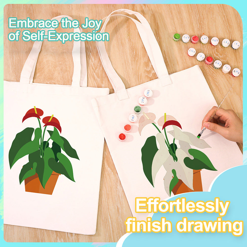 Red Flower and Green Leaf Potted Plants Canvas Tote Bag Paint by Numbers