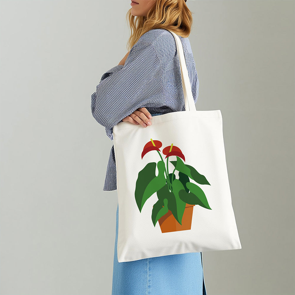 Red Flower and Green Leaf Potted Plants Canvas Tote Bag Paint by Numbers