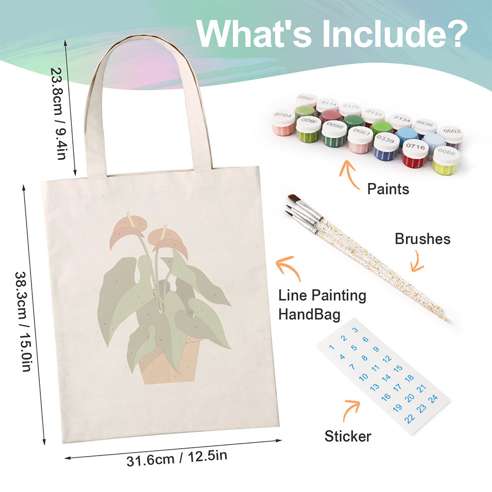 Red Flower and Green Leaf Potted Plants Canvas Tote Bag Paint by Numbers