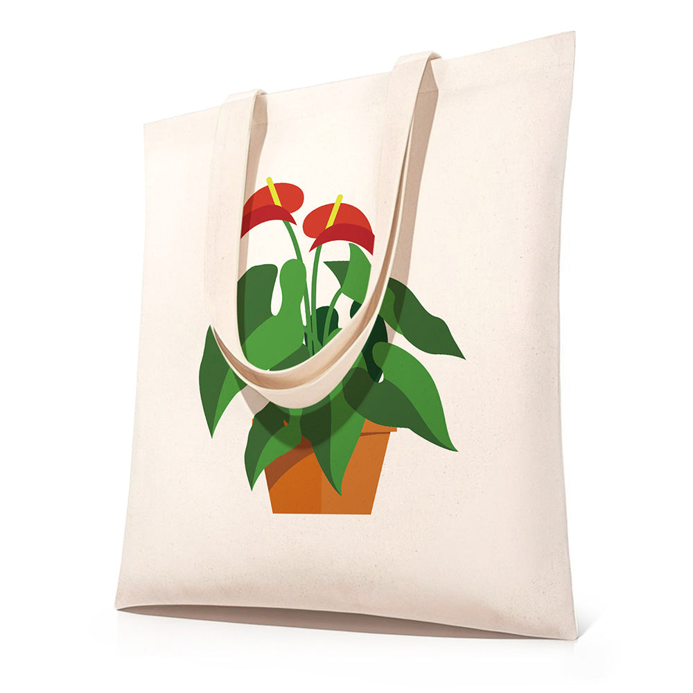 Red Flower and Green Leaf Potted Plants Canvas Tote Bag Paint by Numbers