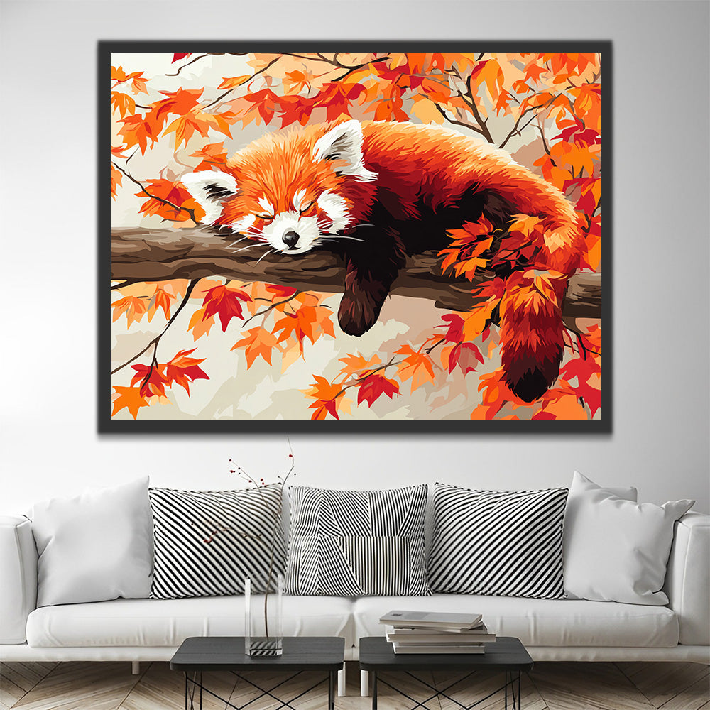 Red Panda Sleeping on a Red Maple Tree Paint by Numbers