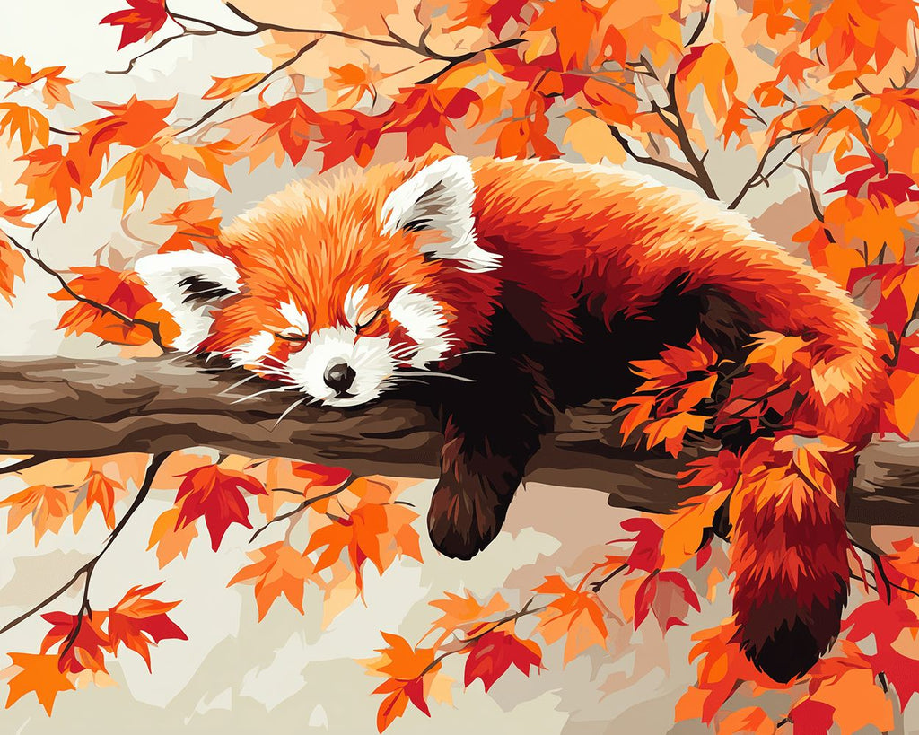 Red Panda Sleeping on a Red Maple Tree Paint by Numbers
