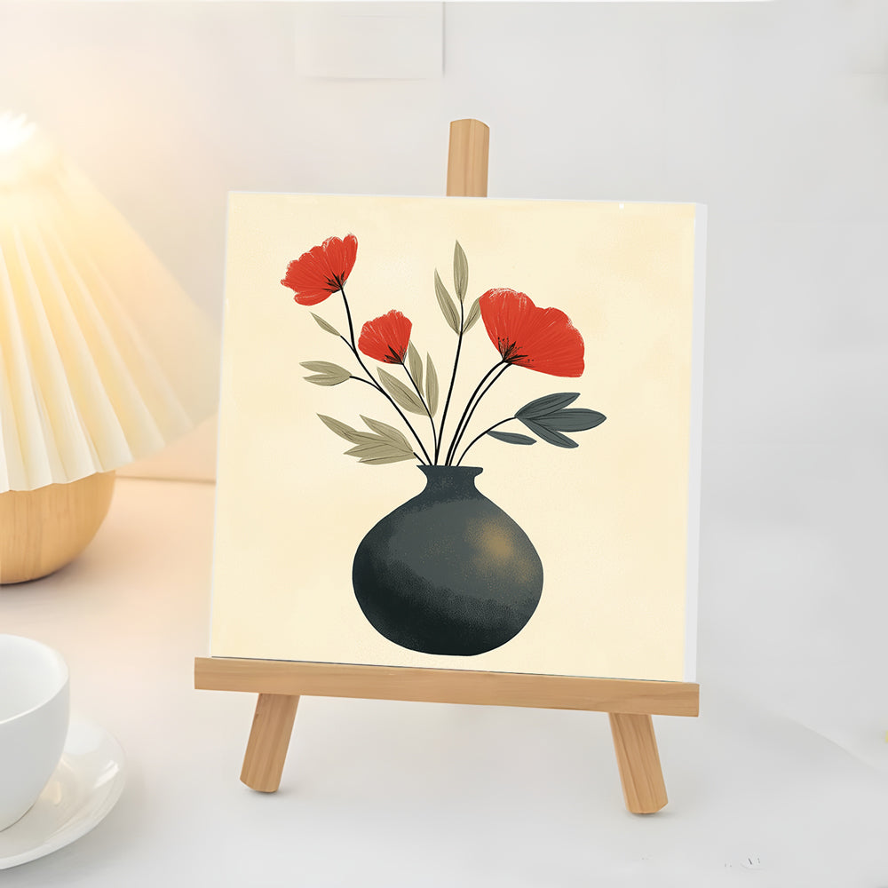 Red Poppy in a Black Pot Mini Paint by Numbers