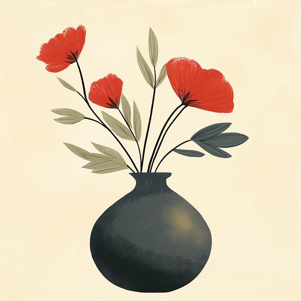 Red Poppy in a Black Pot Mini Paint by Numbers