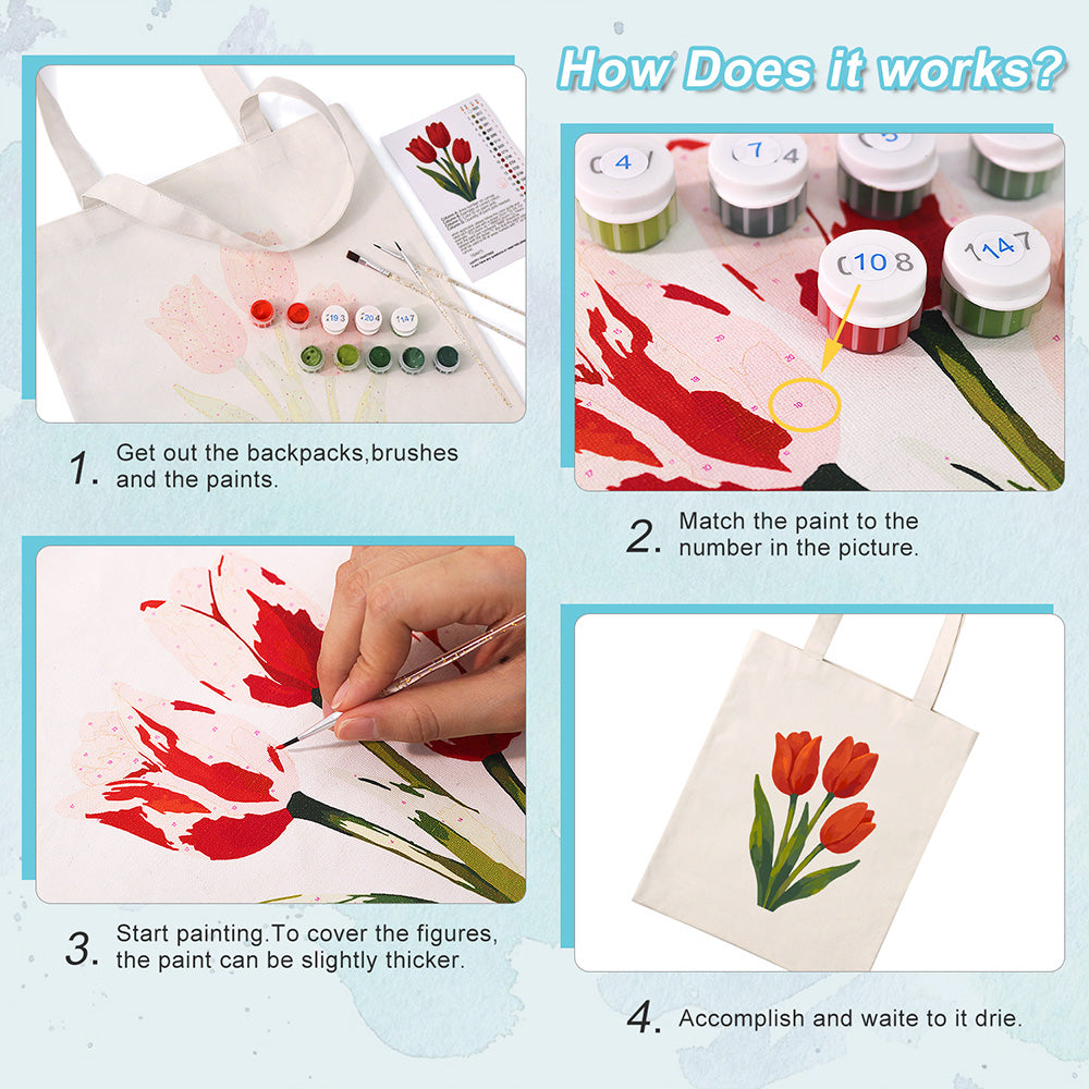 Red Tulips Canvas Tote Bag Paint by Numbers