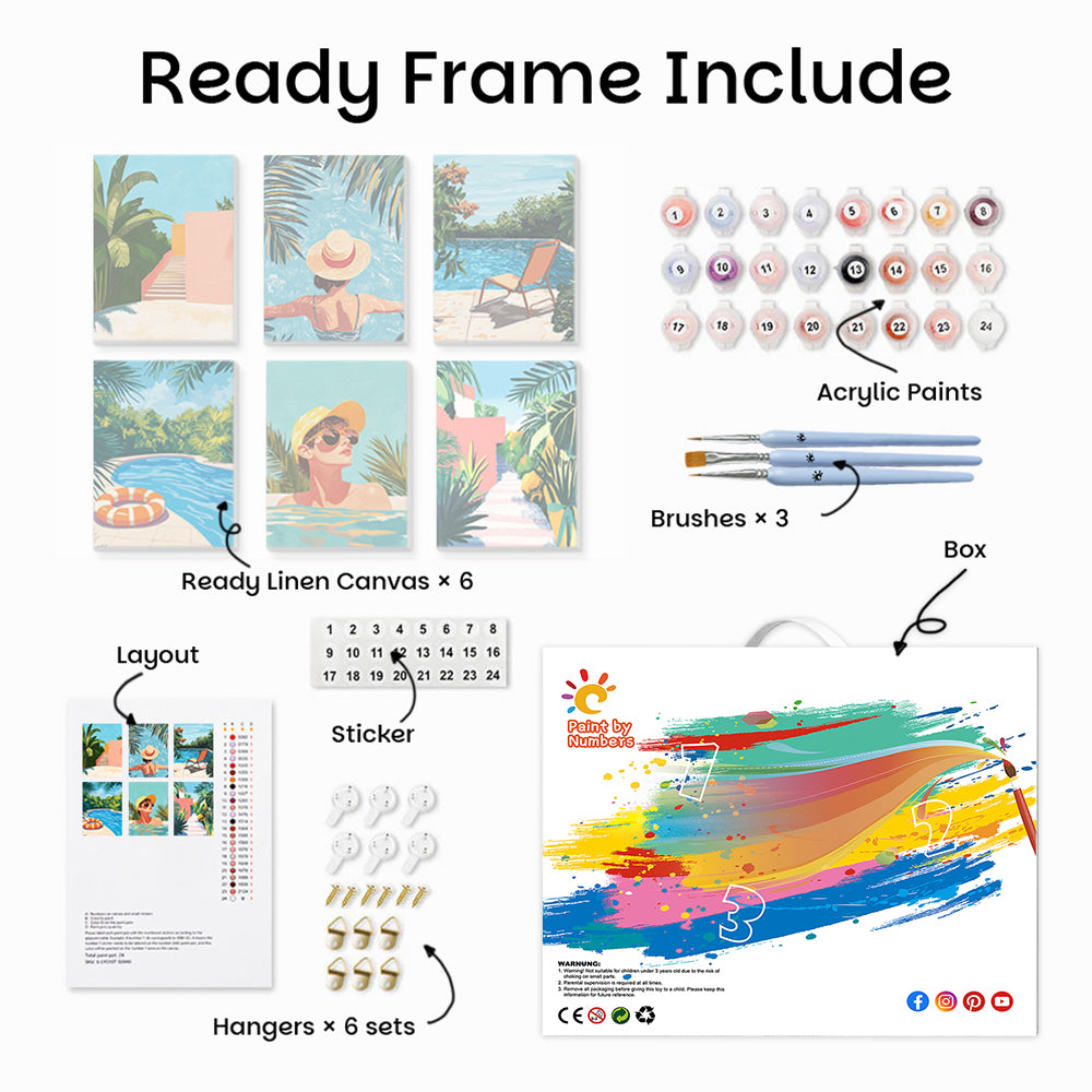 Resort Swimming Pool 6 Pieces Mini Paint by Numbers