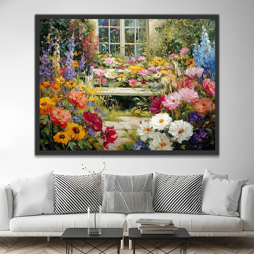 Sea of Flowers outside the White Window Paint by Numbers
