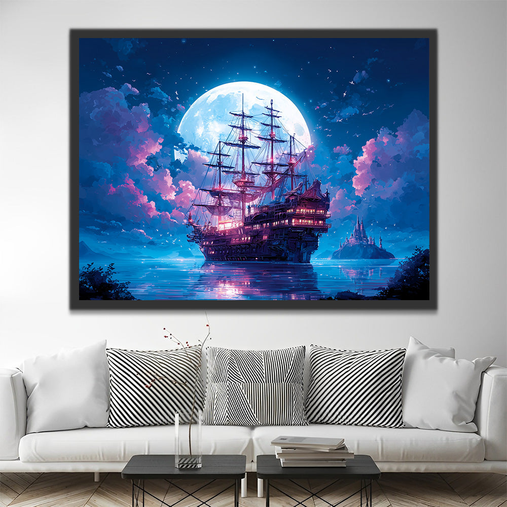 Ship on the Sea under the Moonlight Paint by Numbers
