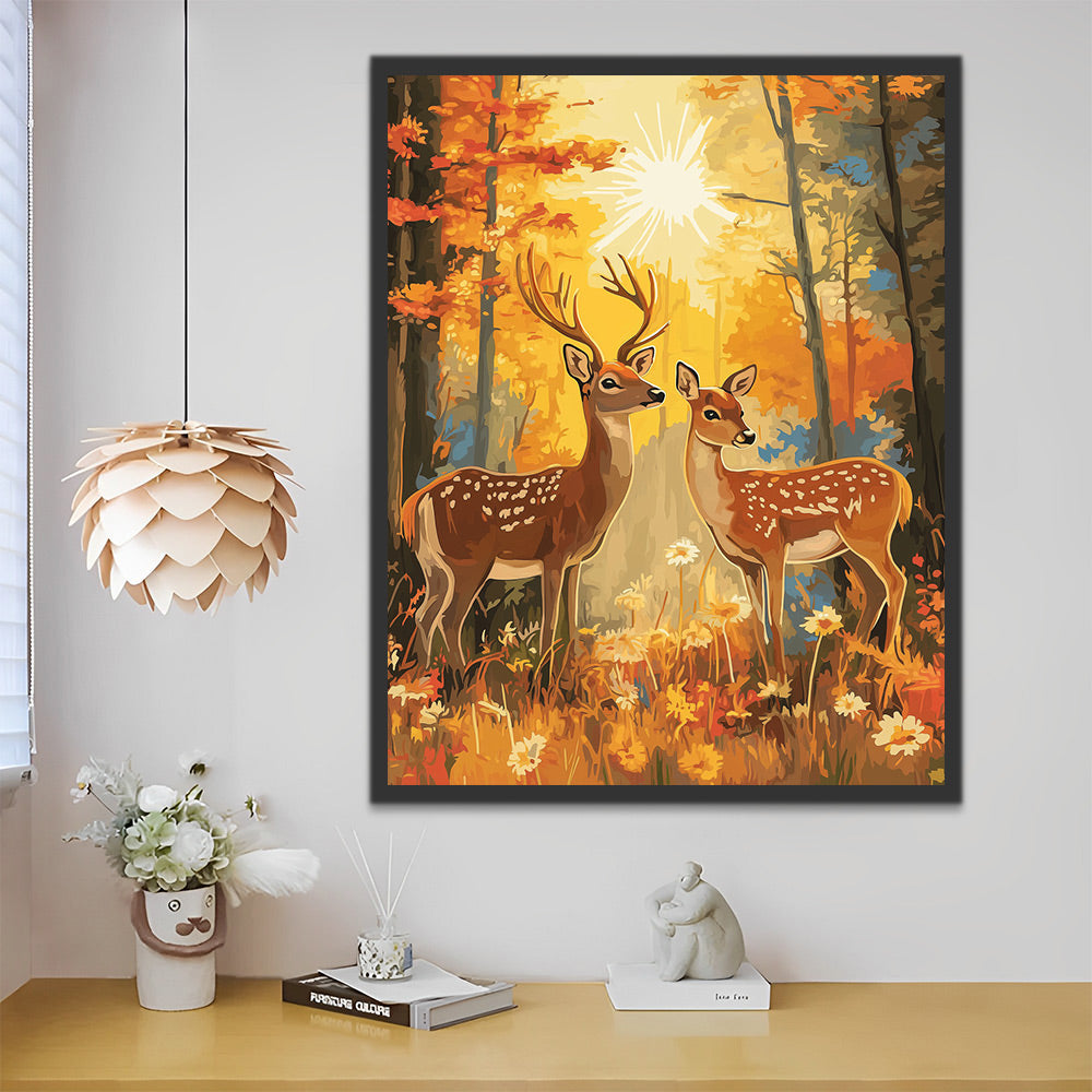 Sika Deer and Daisies in the Autumn Forest Paint by Numbers