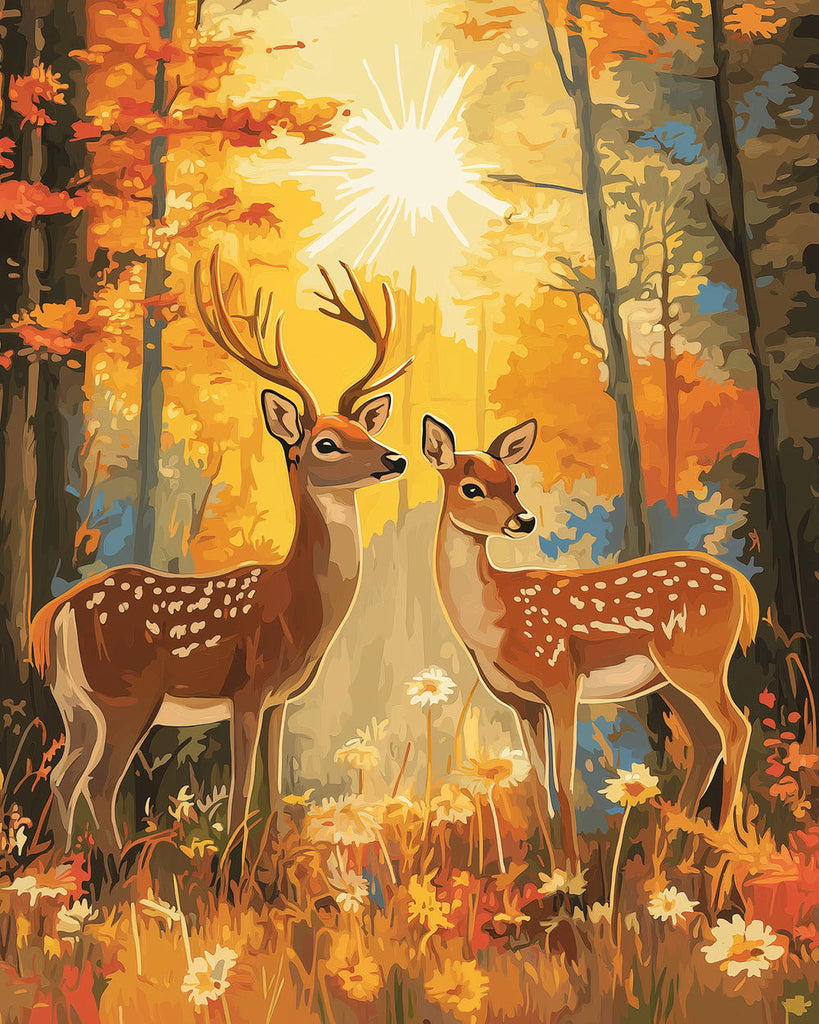 Sika Deer and Daisies in the Autumn Forest Paint by Numbers